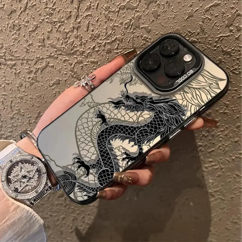 Luxury Cool Black Mysterious Dragon Case For iPhone 15 Pro Max 15 14 13 12 11 Pro XR XS 7 8 Plus Lens Protect Plating Covers