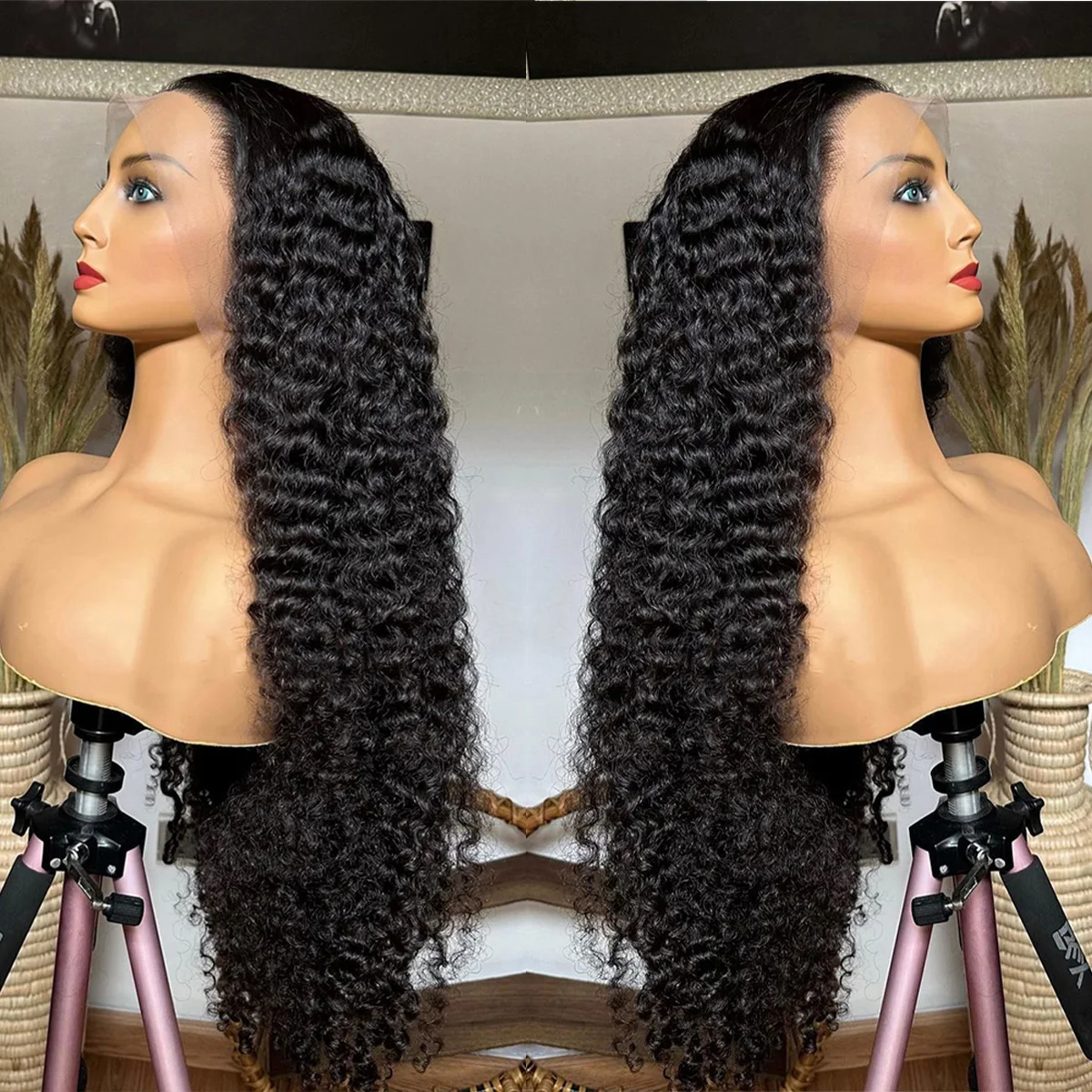 

Natural Black Soft Glueless 180 Density Kinky Curly Lace Front Wig For Women BabyHair 26“Long Heat Resistant Preplucked Daily