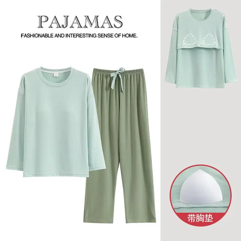 Pajama Women's Summer, Autumn, And Winter Modal Long Sleeved Pants With Chest Pads, Large Size Air-conditioned Room Home Clothin