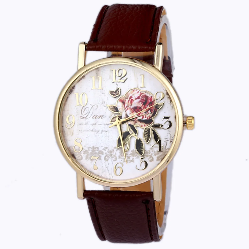 Rose Pattern Quartz-watch Faux Leather Strap Glass Print Dial Birthday Surprise Fashionable Prevalent Special Punctual Watch