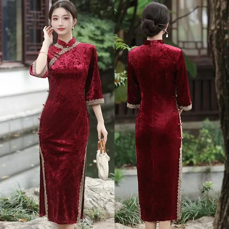 

Chinese Style Dress Lady Long Vestidos Red Wedding Party Velour Gown Vintage Oriental Jacquard Chesongams Women Elegant Qipao