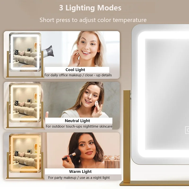 USB LED Vanity Mirror with Touch Control - Rotatable Desktop Makeup Mirror, Dimmable Lighted Mirror for Bedroom