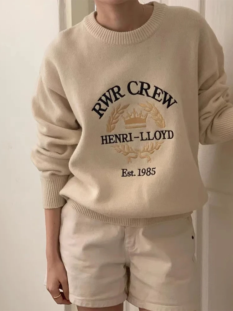 Retro Chic Long Sve Knitted Sweater Women's Heavy Embroidery Letter Pattern Flower Tassel Versatile Autumn Winter Knitwear