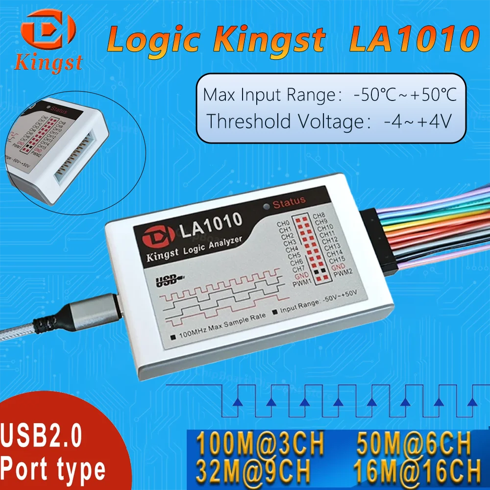 Kingst  LA1010 USB  Logic Analyzer 100M max sample rate,16Channels,10B samples, MCU,ARM,FPGA debug tool english software