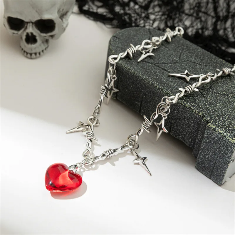 Punk Red Heart Pendant Necklace Bramble Cross Collar Chains Jewelry For Women Girls Blood Heart Crystal Necklace Accessories