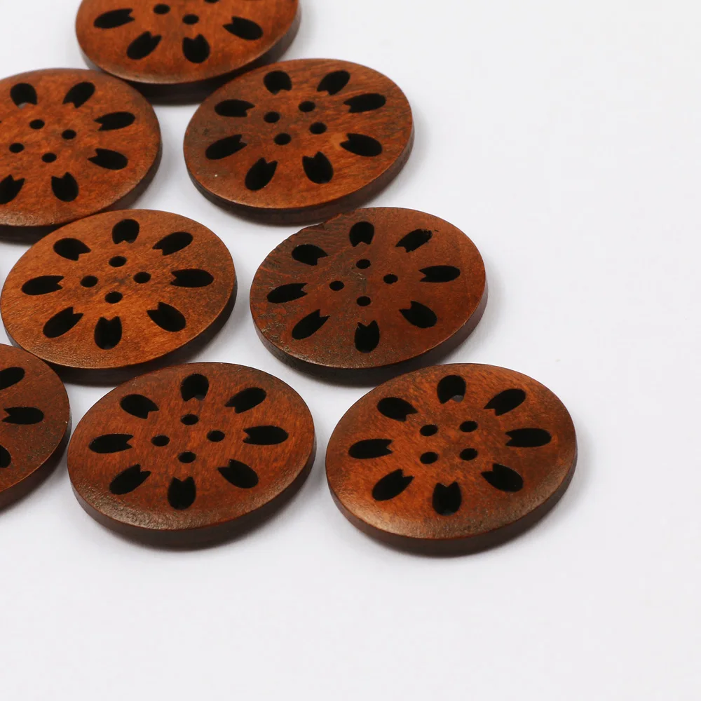 20pcs 25mm Brown Round Hollow Flower Natural Wooden Buttons For Clothing Decoration Craft Diy Cardigan Sewing Button Accessories