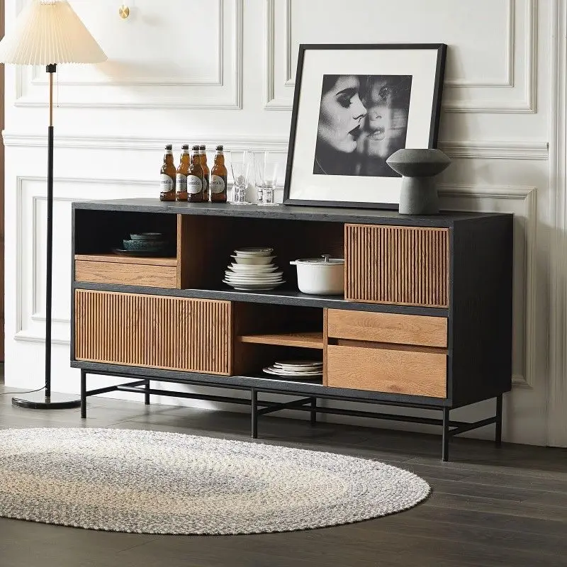 레트로 컬러 매칭 티크 원목 다이닝 사이드 캐비닛, 거실 중세 와비사비 스타일 가정용 차 그릇 캐비닛