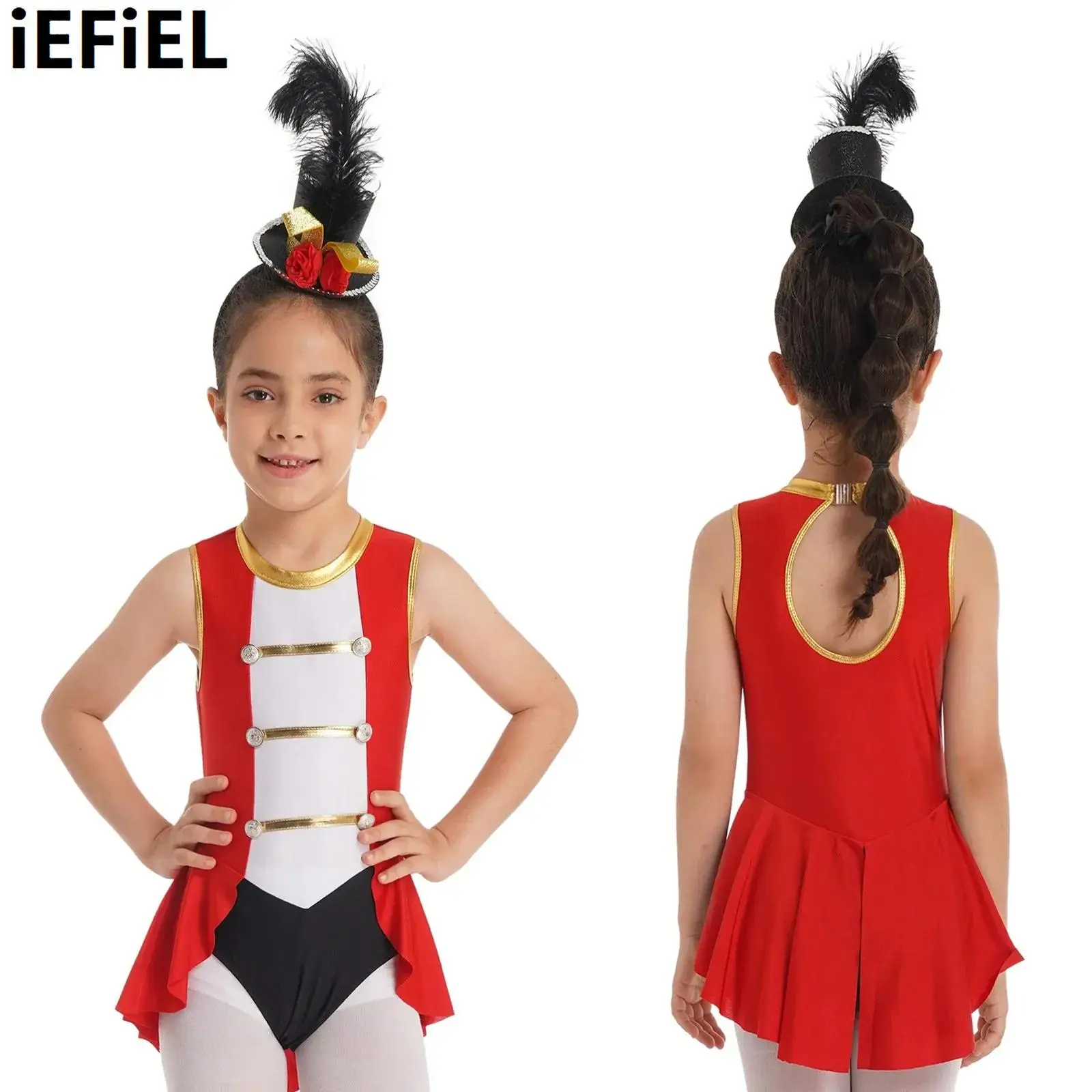 Kids Girls Circus Dress Cosplay Costume Sleeveless Back Hollow Out Vintage Buttons Adorned Color Contrast Cosplay Jumpsuit