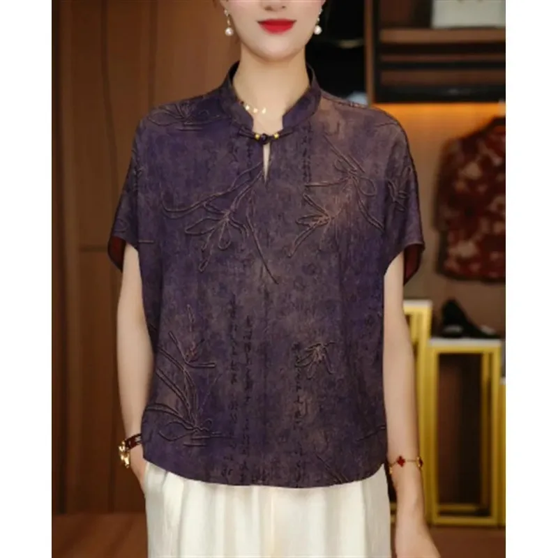 Chemisier violet à manches courtes et col Mandarin pour femme avec broderie de calligraphie florale