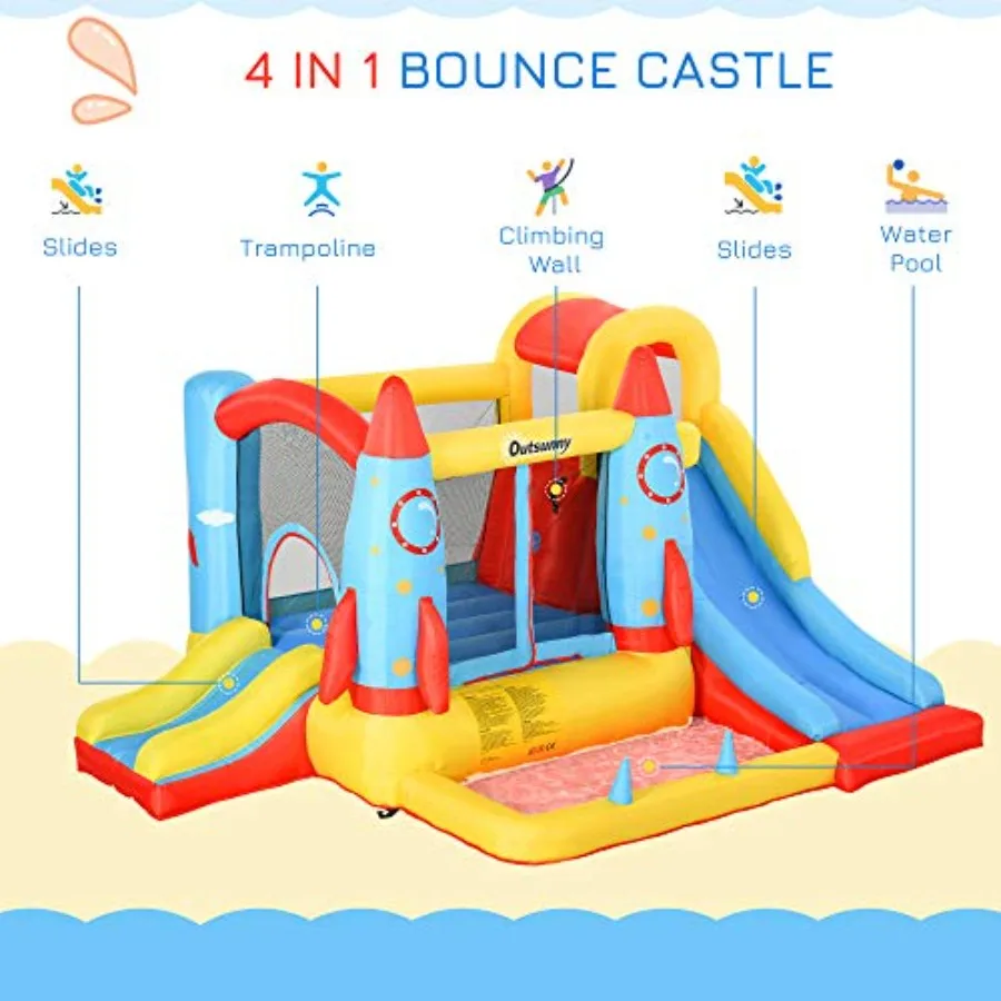 Casa de salto infantil, castelo de salto inflável com corrediça de água 4 em 1 com 2 slides, parede de escalada, trampolim e piscina de água A