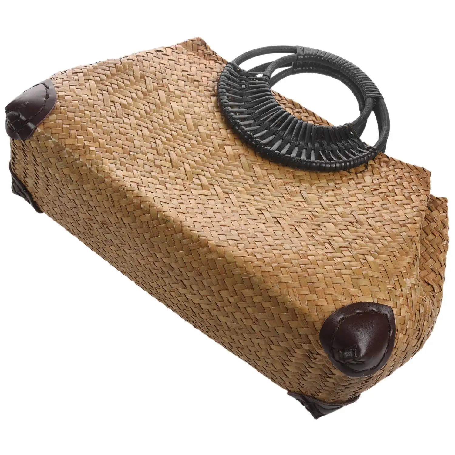 AA26P Women Straw Bags Female Bamboo Summer Beach Weave Handbag Lady Handmade Vintage Wood Handle Bag Travel Knitted Totes Bags