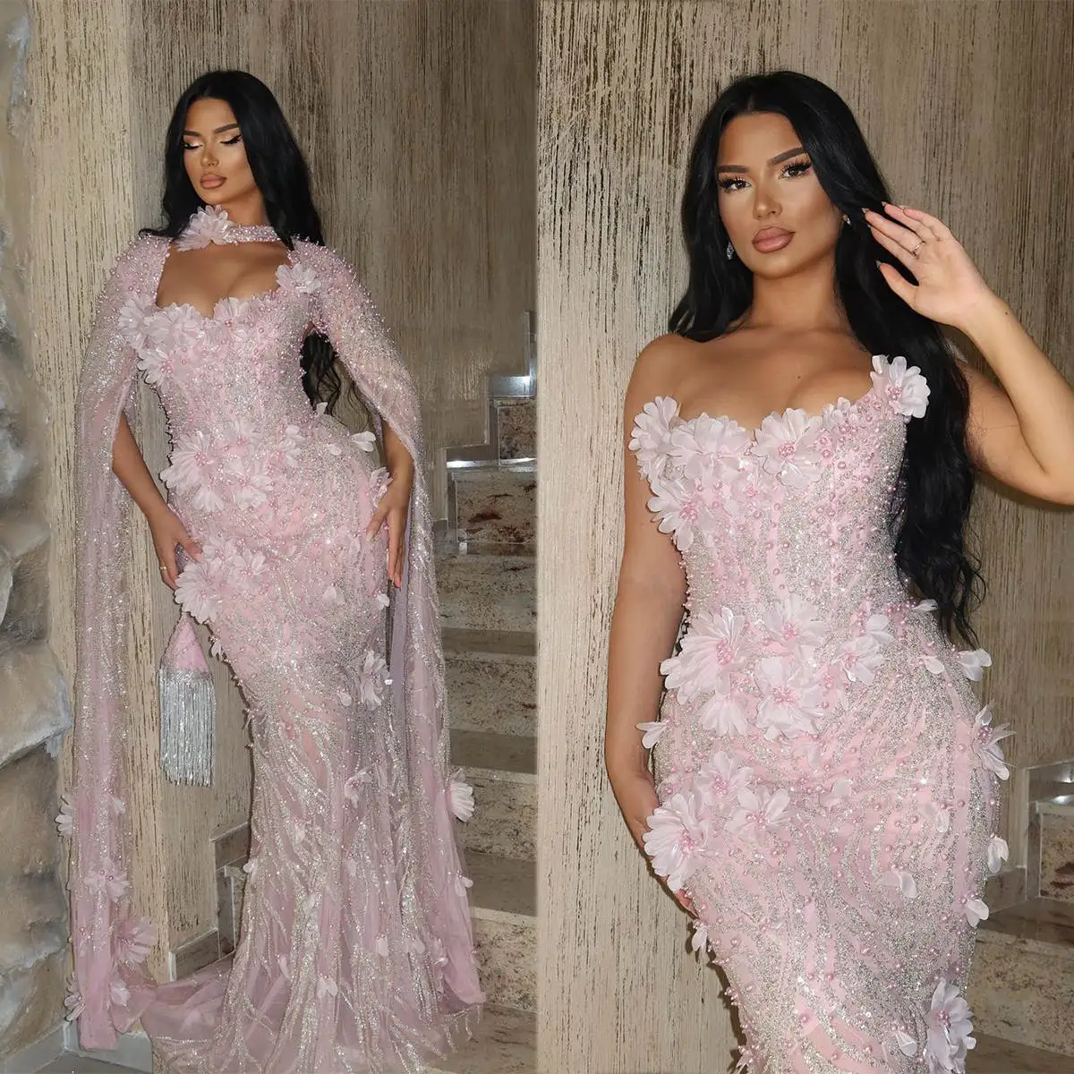 

Glamorous Mermaid Floral Appliques Prom Gowns Sequins Pearls Floor Length Evening Dresses Formal Party Custom Made