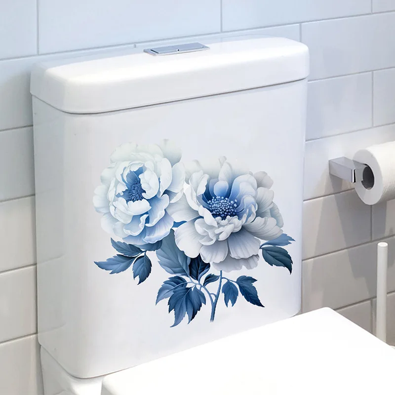 New Beautiful Blue Flower Bathroom Sticker Waterproof Toilet Sticker Home Self-adhesive Wall Sticker