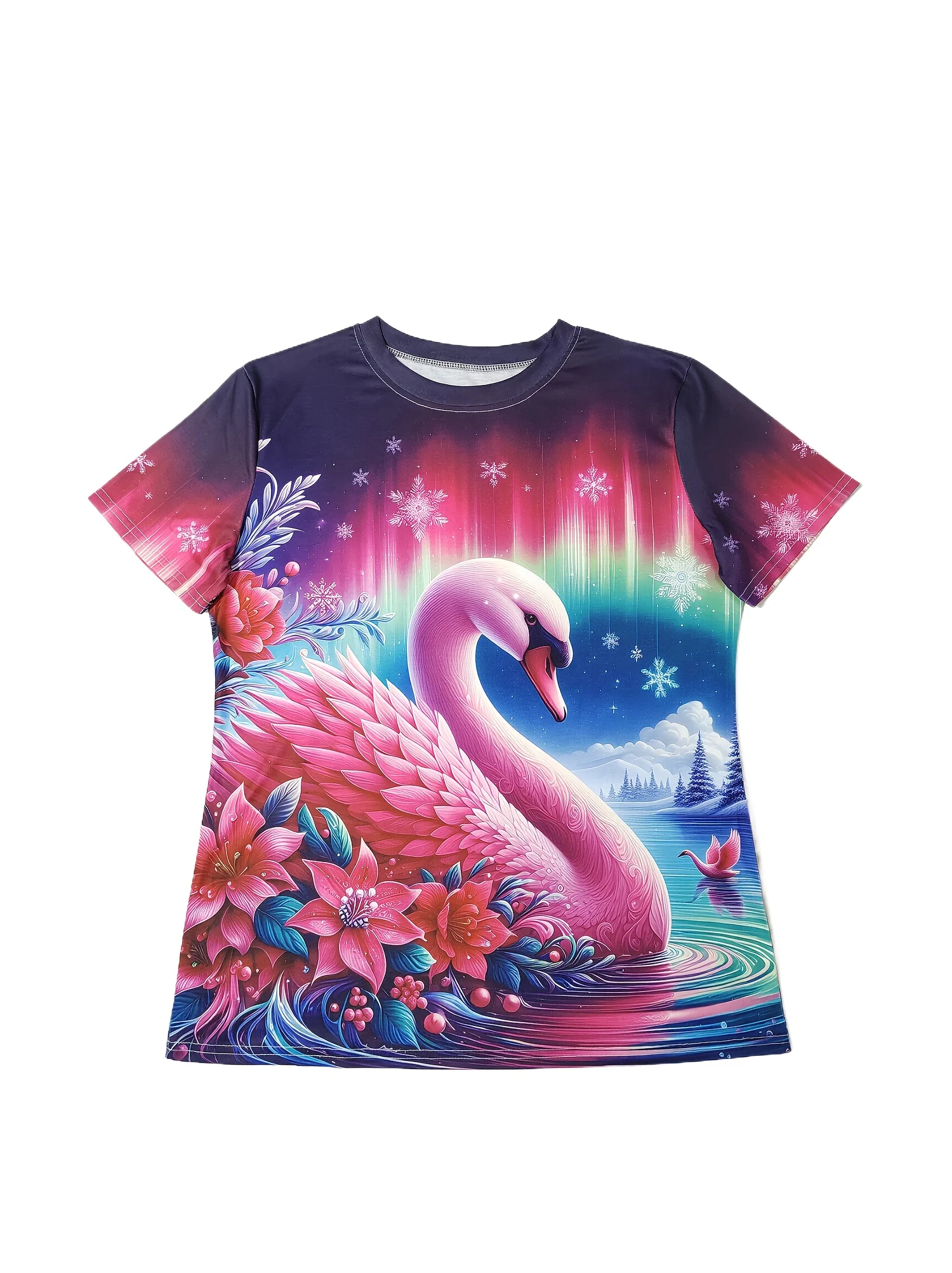 Koszulka damska Magenta Swan - Aurora i kwiatowy motyw graficzny, zimowy wzór z efektem uroku, do noszenia na co dzień.