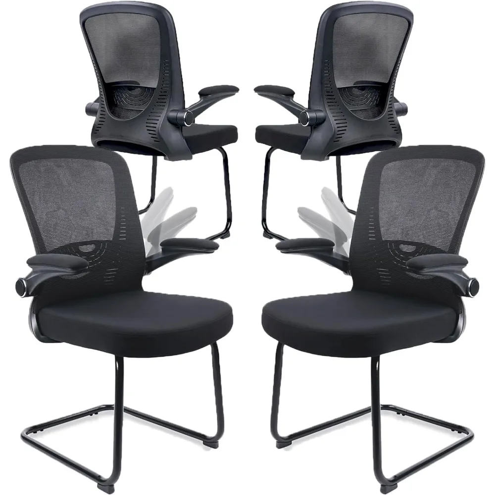 

Office Guest Chair no Wheels with Lumbar Support and Flip-up Armrest Mid Back Mesh Space Air Grid Series Sled Base for Receptio
