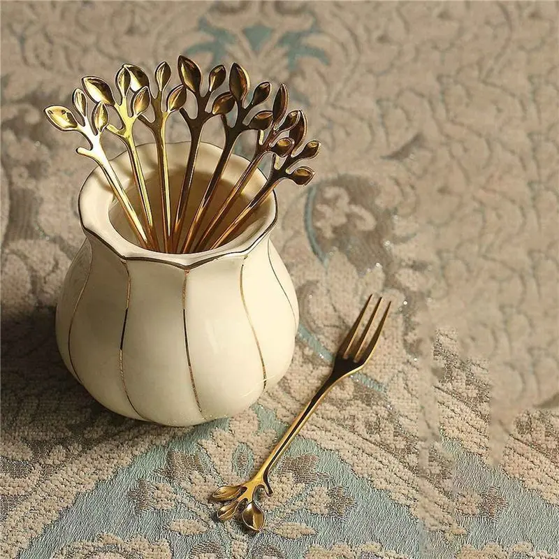 ABSE-50Spoon+50Forks Stainless Steel Leaf Coffee Cake Spoon Fork Dessert Spoons, Stirring Teaspoon Set Golden