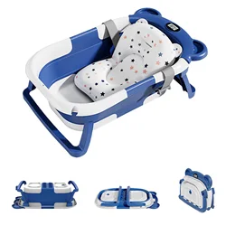 Folding Baby Bath Tub with Temperature Gauge and Cushion for 0-36 Months, Portable and Lightweight for Outdoor Bathing
