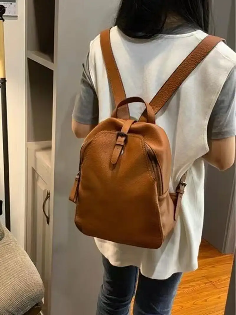 Leather Backpack Fashion Personality Women\'s Backpack New Trend First Layer Cowhide Korean Style Casual Soft Leather Backpack