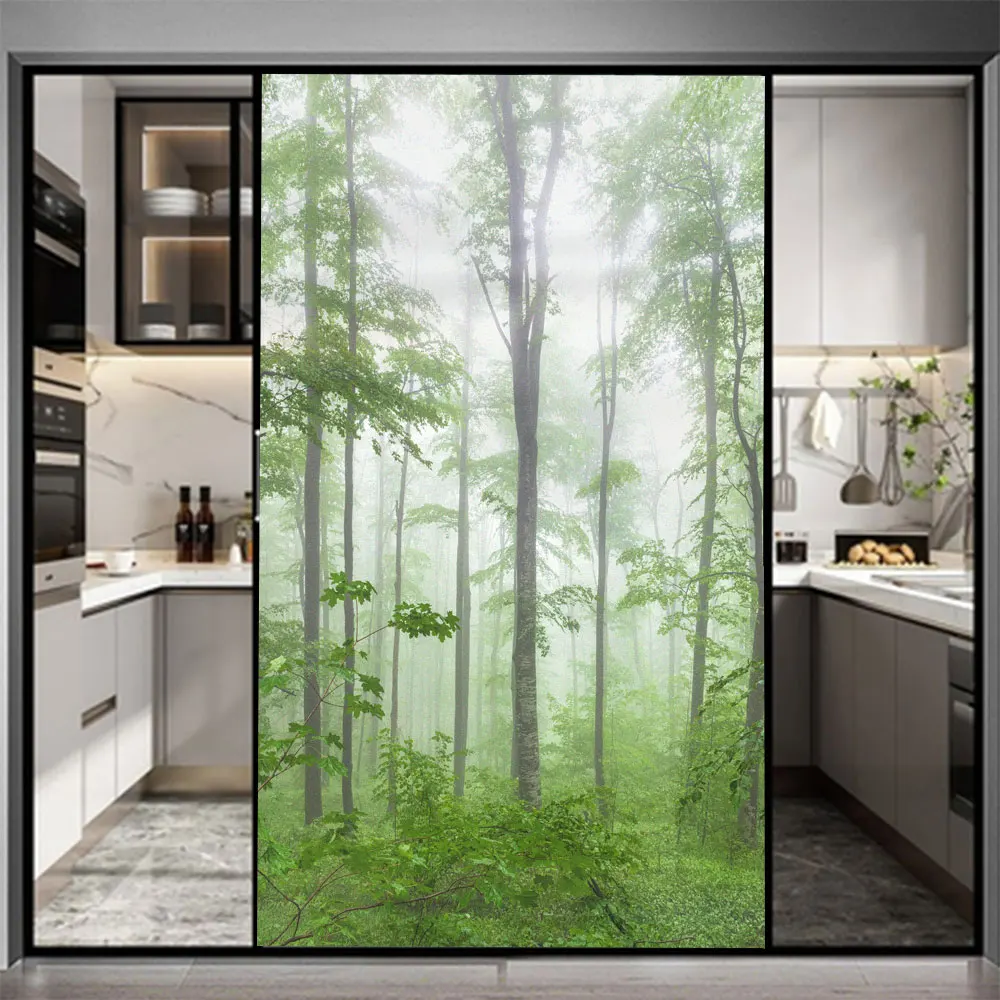 Privacy Glass Window Film Morning Forest Pattern Glue-free Static Cling Glass Door Film Anti-UV Glass Window Sticker for Home