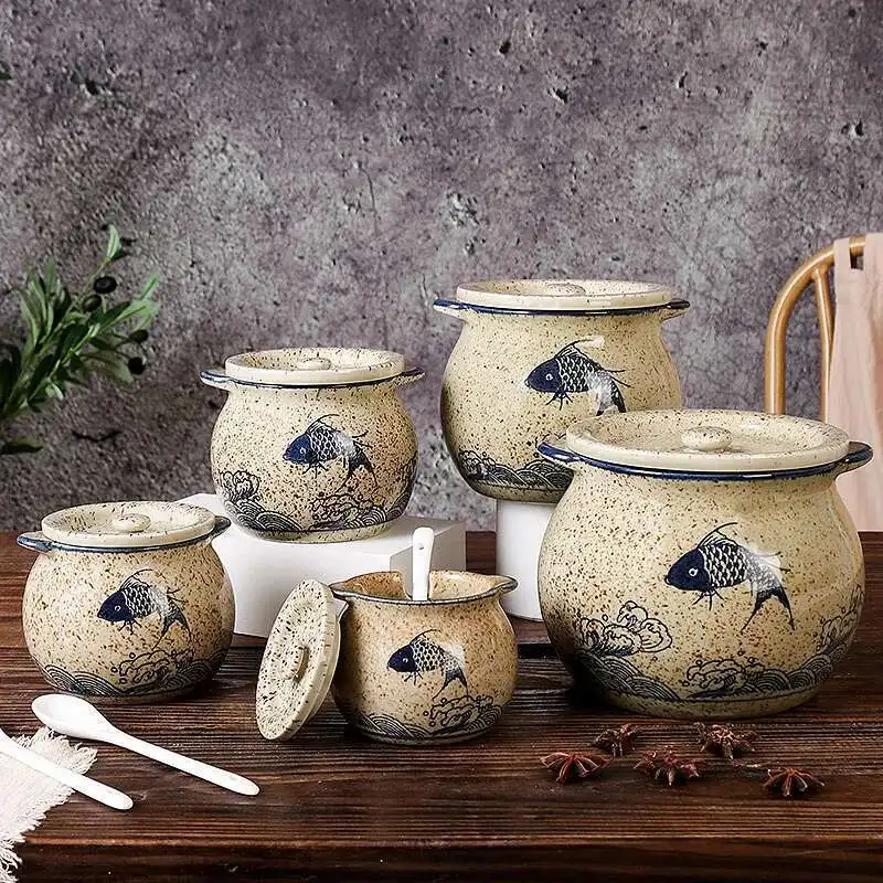 Chinese Ceramic Antique Seasoning Bottle Pot Salt Pot Lard Liquid Pepper Pot High Temperature Oil Tank Kitchen