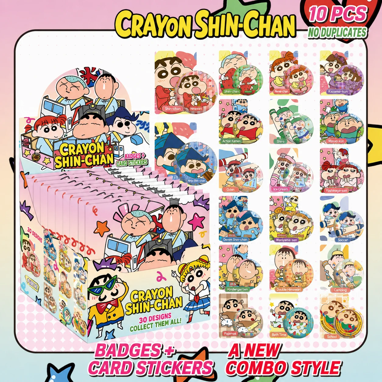 Crayon Shin-chan Popper Box 75mm Schutzhülle Aufkleber Anime-Zubehör Doppel-Flash-Grains Micro Badge Blind Bag Blind Draw
