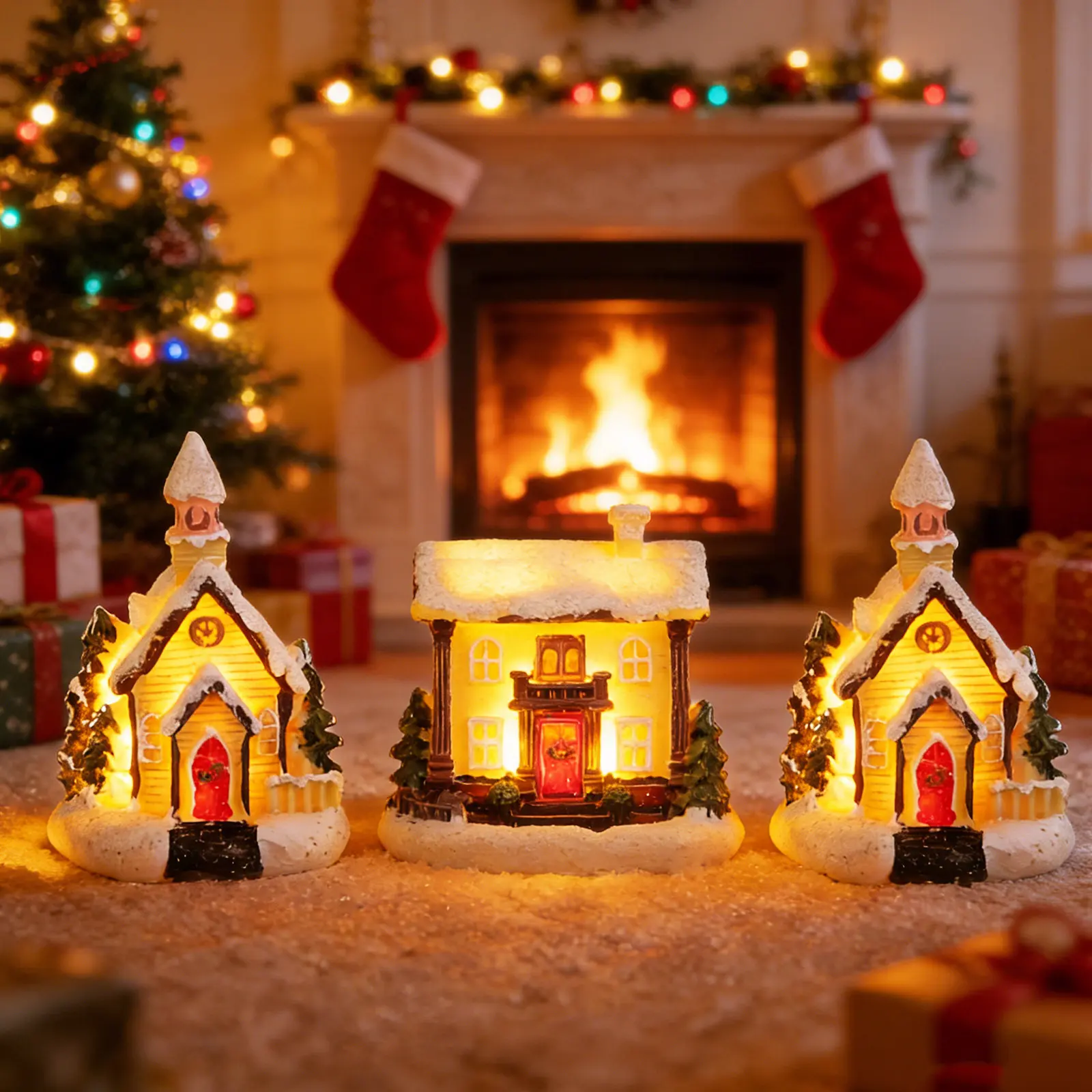 

Набор из 4 разноцветных светящихся миниатюрных домиков из смолы для рождественского декора, украшения для рабочего стола, праздничные подарки, светящиеся мини-домики-украшения