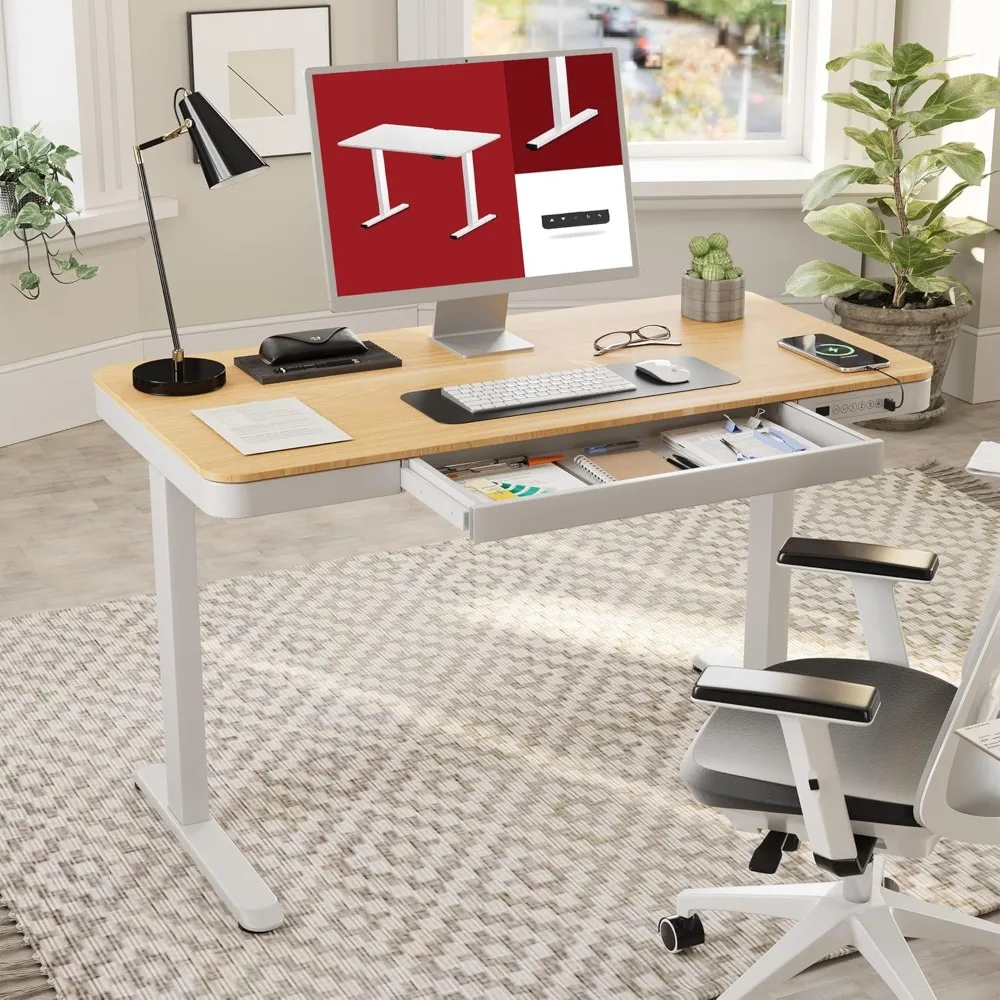 

Standing Desk with Drawer, Electric Height Adjustable Home Office Desk with Storage & USB Ports, 55 inch Maple Wood Tabletop