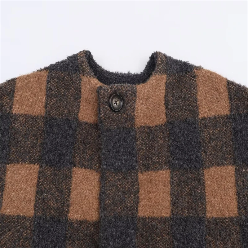 レディース ブラウン＆ネイビー チェック柄 ウール混紡コート - 冬用ラウンドネックシングルボタンオーバーサイズジャケット