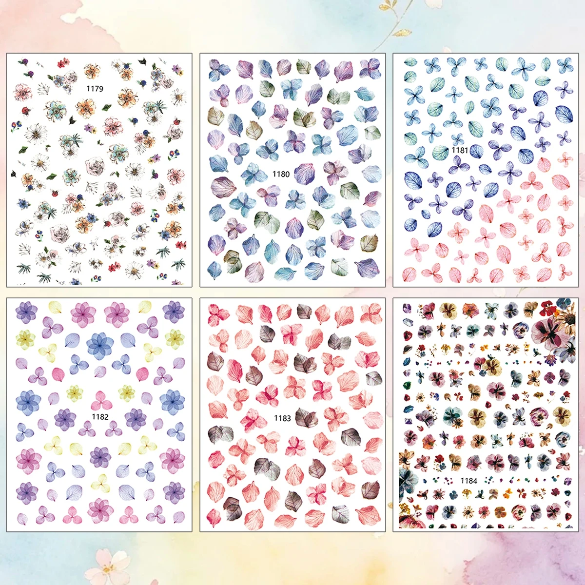 3 to 12 Sheets 3D Watercolor Flower Leaf Petal Botanical Pastel Floral Spring Summer Self-Adhesive Nail Art Stickers