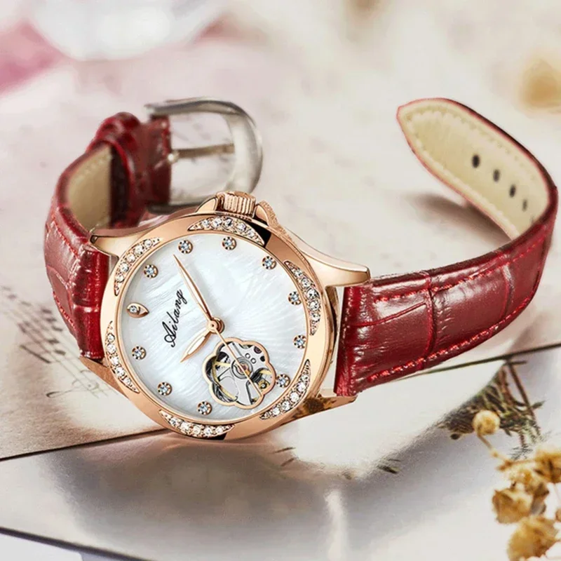 AILANG Brand New Fashion Skeleton Mechanical Watch for Women Leather Waterproof Luxury Diamond Watch for Womens Montre Femme