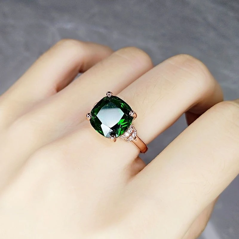 

925 Sterling Silver Rings Emerald Ring Cushion Rings Plated Rose Gold Fashion Jewelry