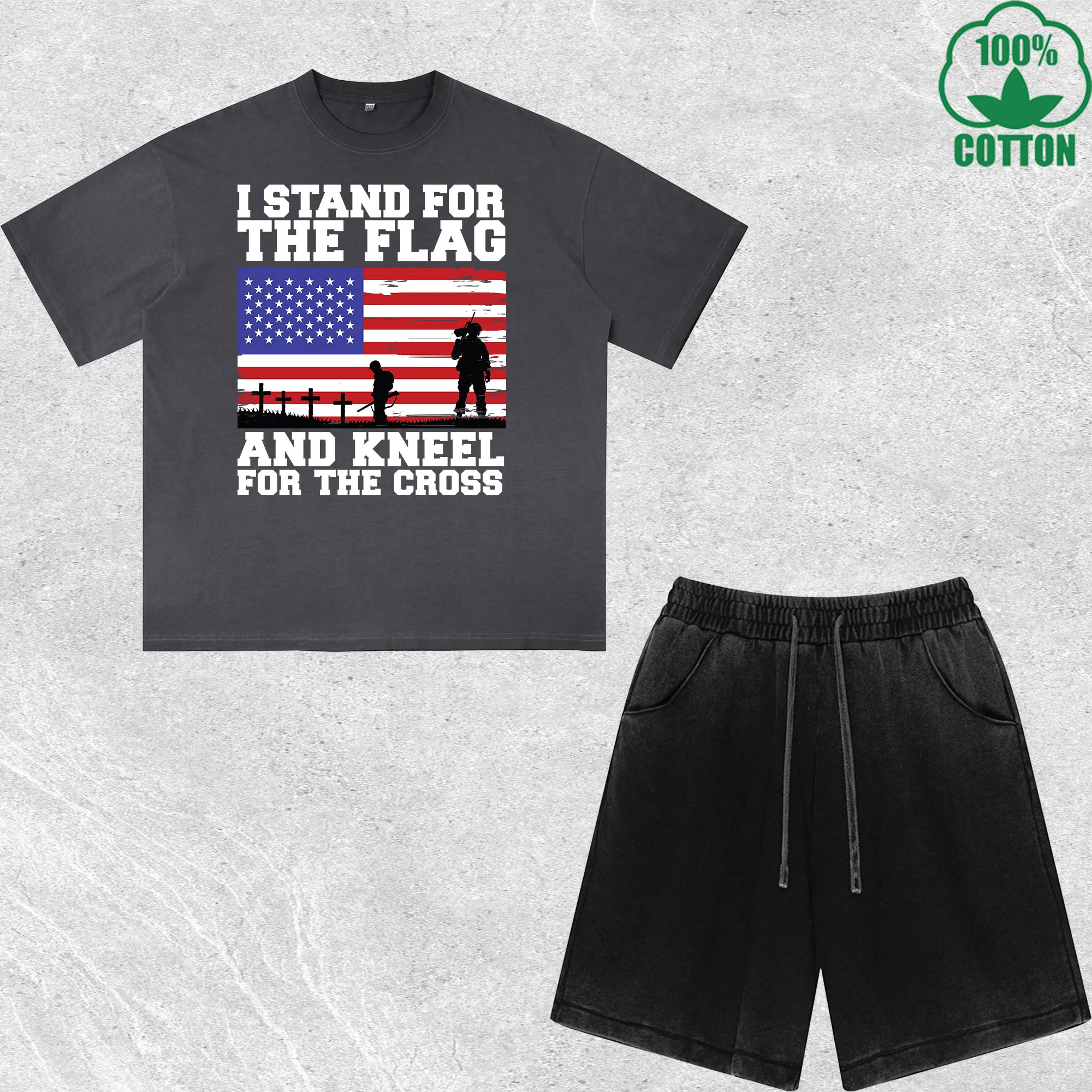 

Memorial Day Printed Dirty Wash T-Shirt Shorts Set Combo Loose Trendy Fashionable 100%Cotton Black Suit