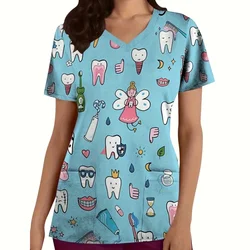 Surgical Uniforms Woman Tooth Cartoon Print Summer Nursing V-Neck Short Sleeve Tops Fashion Dental Microelastic Medical Uniform