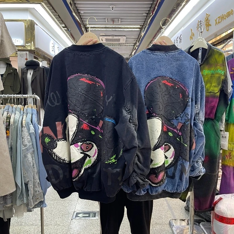 2025 Autunno Nuovo Allentato di Media Lunghezza Felpe Industria Pesante Cartoon Design Lavato Vintage Felpa Giacca a maniche lunghe Cappotto con cerniera