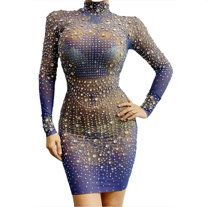 

New Sexy Stage Rhinestones Blue Stretch Dress Singer Stage Performance Costume Birthday Celebrate Crystals Leotard Jumpsuit