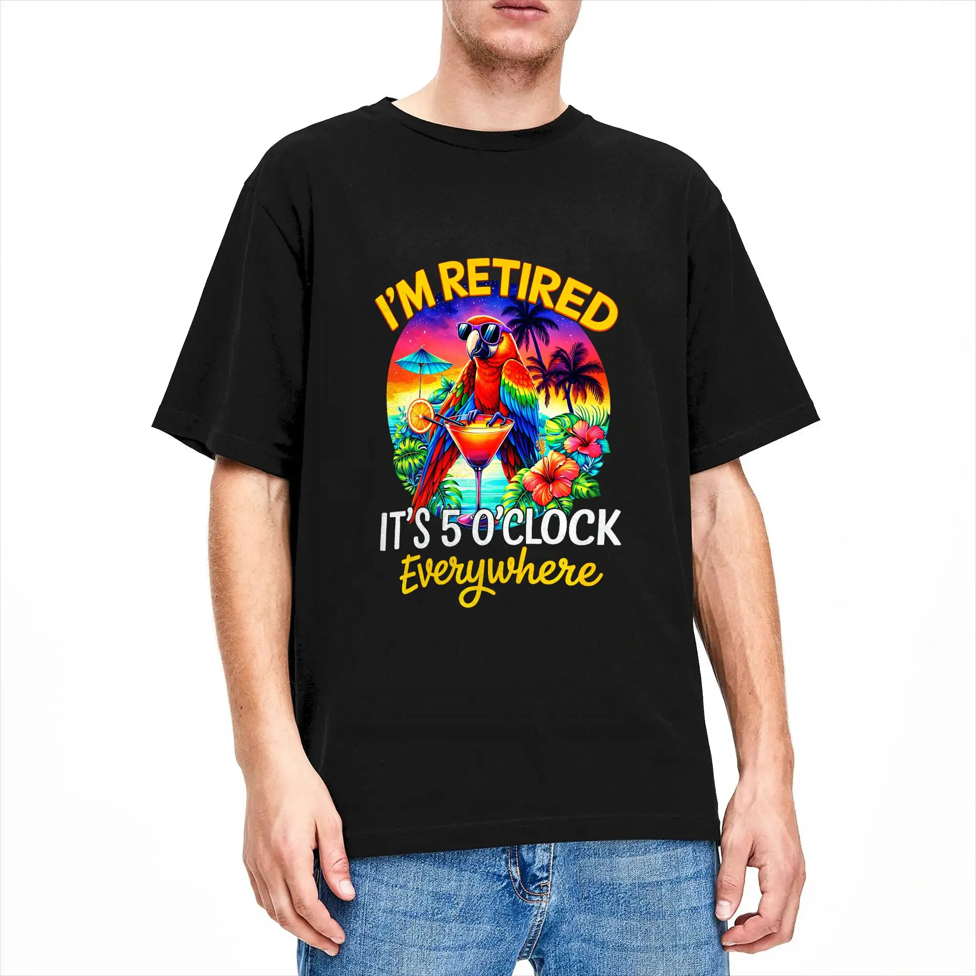 I‘m Retired  It’s 5 o‘clock Everywhere  Parrot Drinking Summer Cotton T-Shirt For Couple Summer  Streetwear T-Shirts O Neck Tees