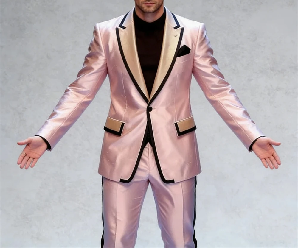 Pearl Pink Silky Satin Two Piece Formal Suit for Men from XS to 5XL, One Button Regular Fit Men's Prom Siut Attire Performance