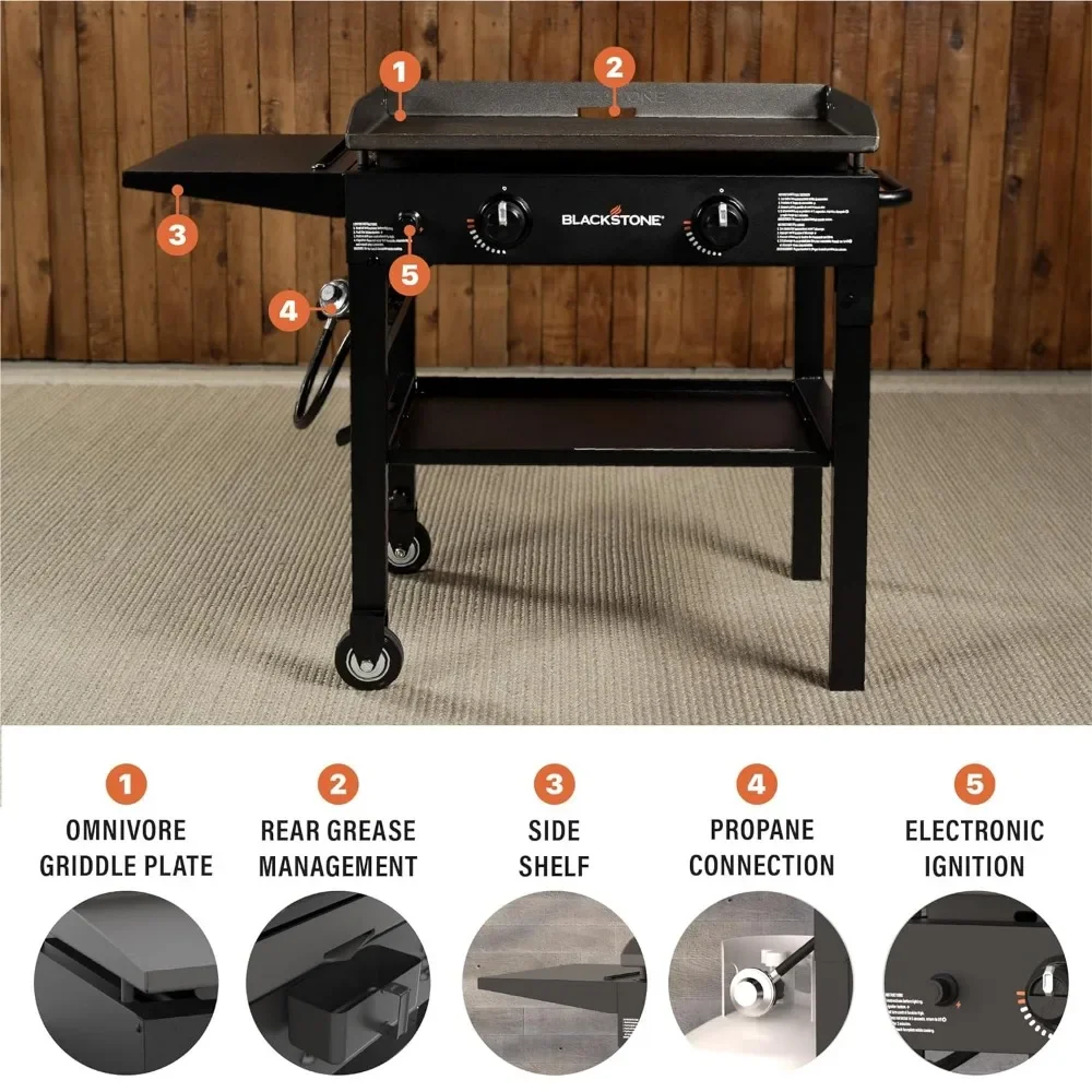 for Flat Top Gas Grill Griddle 2 Burner Propane Fuelled Rear Grease Management System, 28 inch