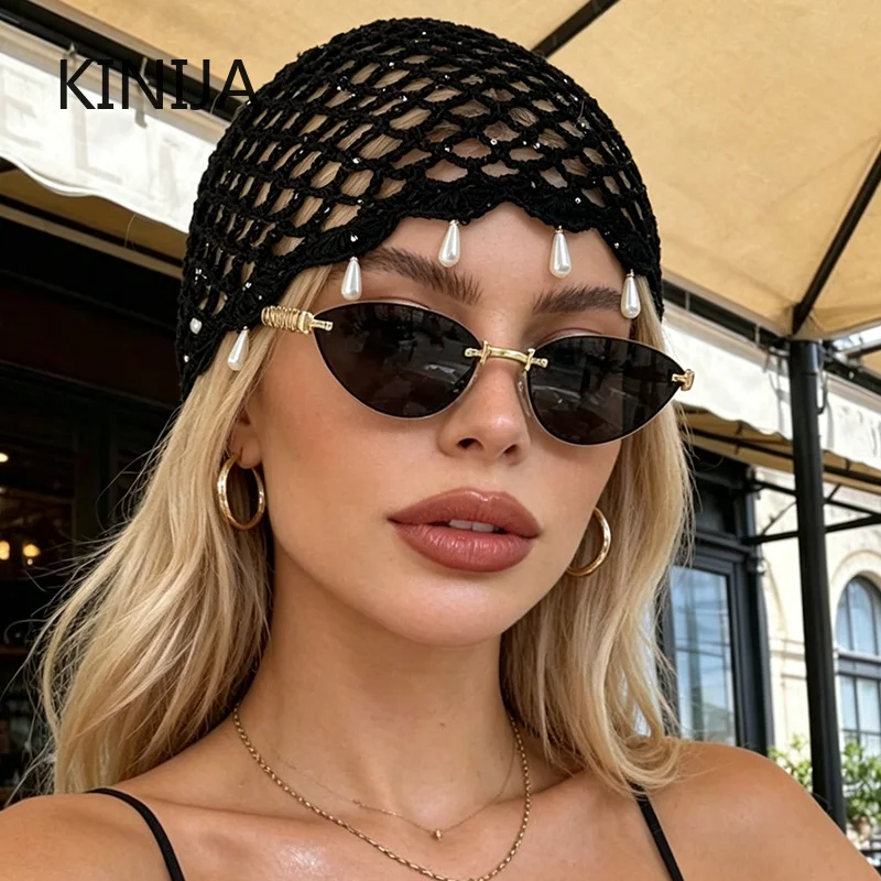 Korea Hollowed Out Woven Pullover Hats Crochet Breathable Beret Cap Pearl Fringed Retro Beanies Cap Women Summer Versatile Look