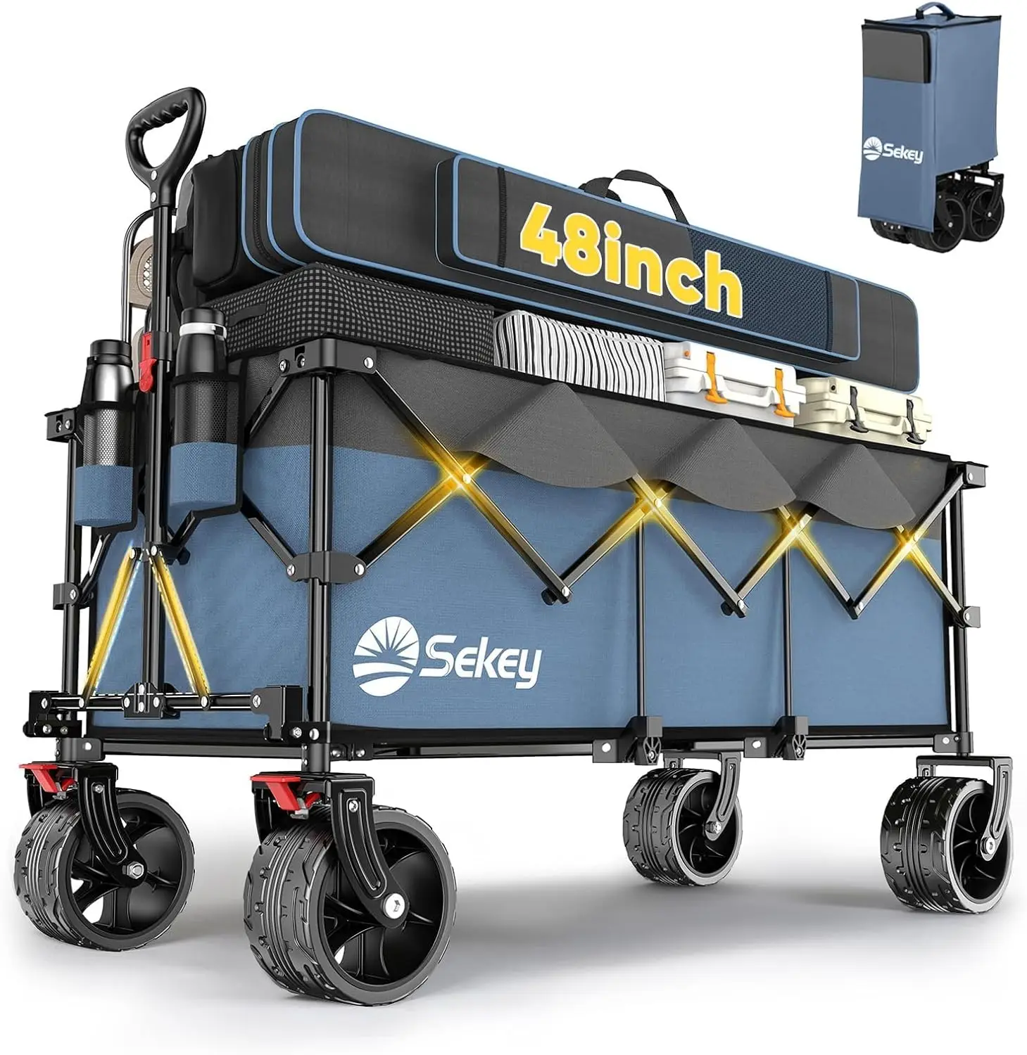 

Складная тележка-платформа 48 дюймов, усиленная, грузоподъемность 200 кг, с внедорожными колесами и держателями для напитков, сине-серая
