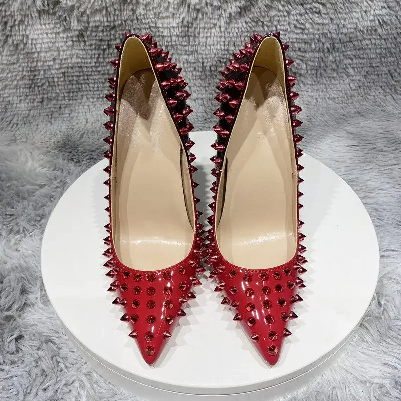 New European and American slim heel gradient rivet high heels 12cm shallow mouth pointed patent leather single shoes