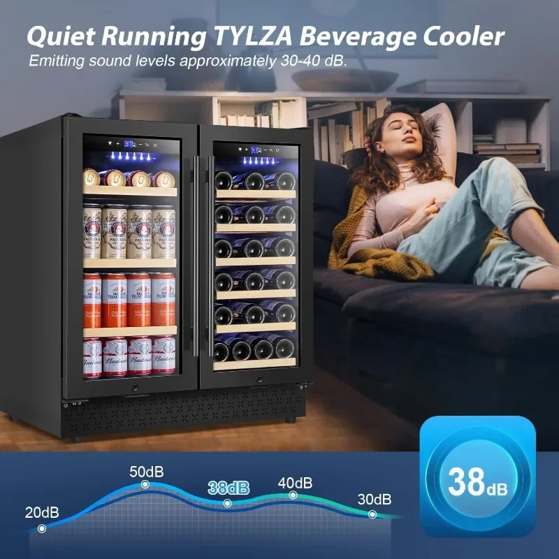 Tylza 30 Inch Wine and Beverage Refrigerator, Dual Zone Wine Beverage Cooler 30