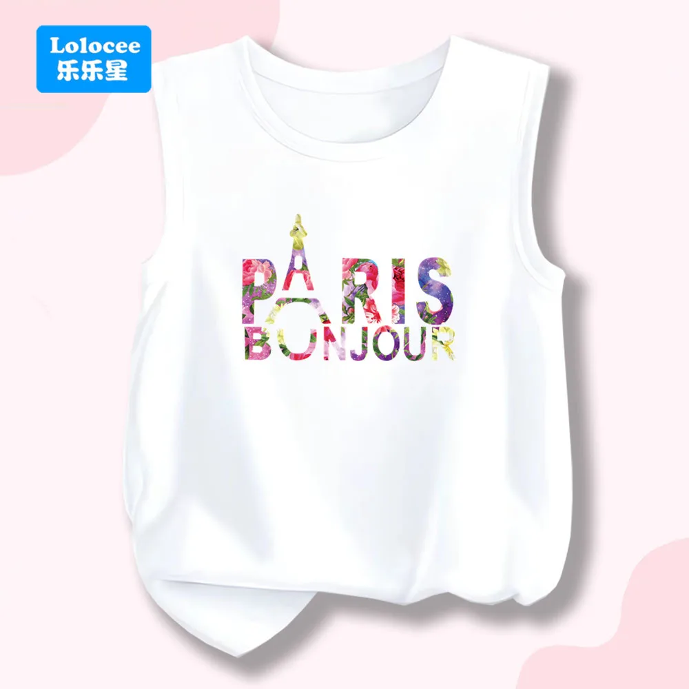 

Kids' Candy Color Tank Top, PARIS Floral Eiffel Tower Graphic Round Neck Vest, Fashion Girls' Sleeveless T-Shirt BLH1