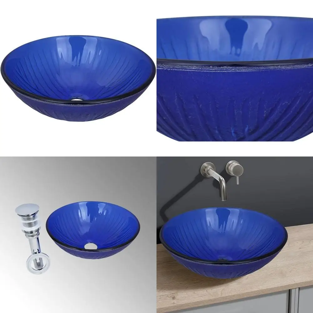 

12 Round Blue Glass Bathroom Sink with Chrome Drain for Small Spaces