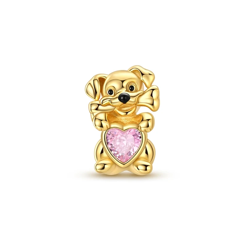 

925 Sterling Silver Charms Bead CZ Zirconium Golden Cute Dog Dangle Fit Original Bracelet DIY Women Jewelry Gift