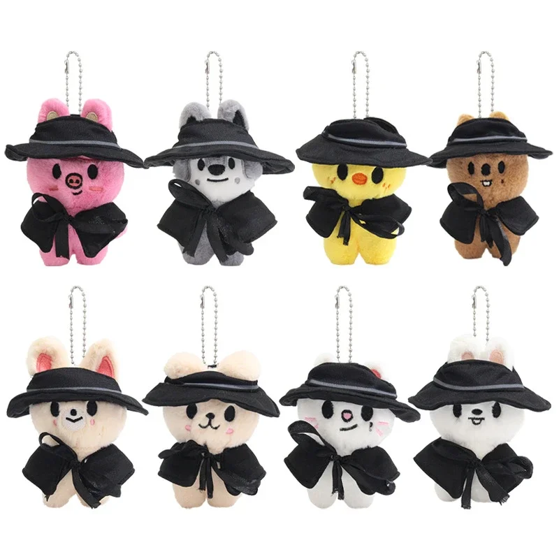 . Kawaii Mini Animal Plush Keychain with Black Cloak & Hat, Cute Stuffed Doll Bag Pendant