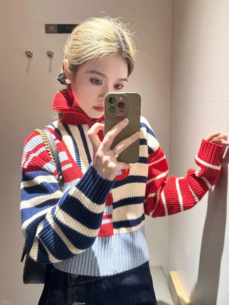 Y2K Crop Knit Sweater Women Streetwear Striped Patchwork Turtleneck Pullovers Japanese Sweet Half Zipper Harajuku Short Jumpers