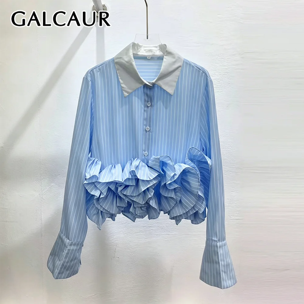 

GALCAUR Colorblock Slimming Spliced Ruffles Blouse for Women Lapel Long Sleeves Patchwork Single Buttons Top Female Fashion New