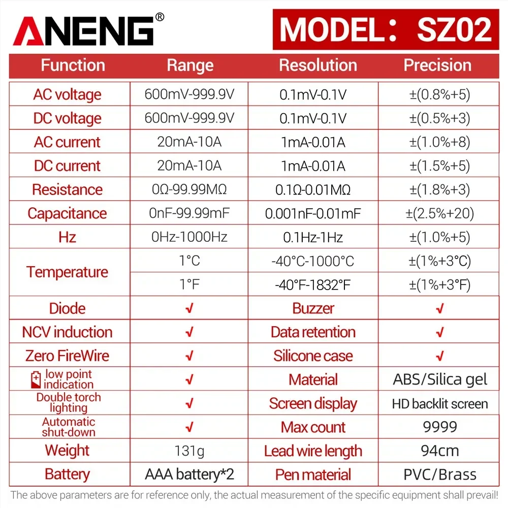 Aneng SZ02มัลติมิเตอร์แบบดิจิทัลอัจฉริยะ9999เครื่องนับ TRMS, เครื่องวัดความจุไฟฟ้าอัตโนมัติเครื่องทดสอบทรานซิสเตอร์ต้านทานอุณหภูมิ
