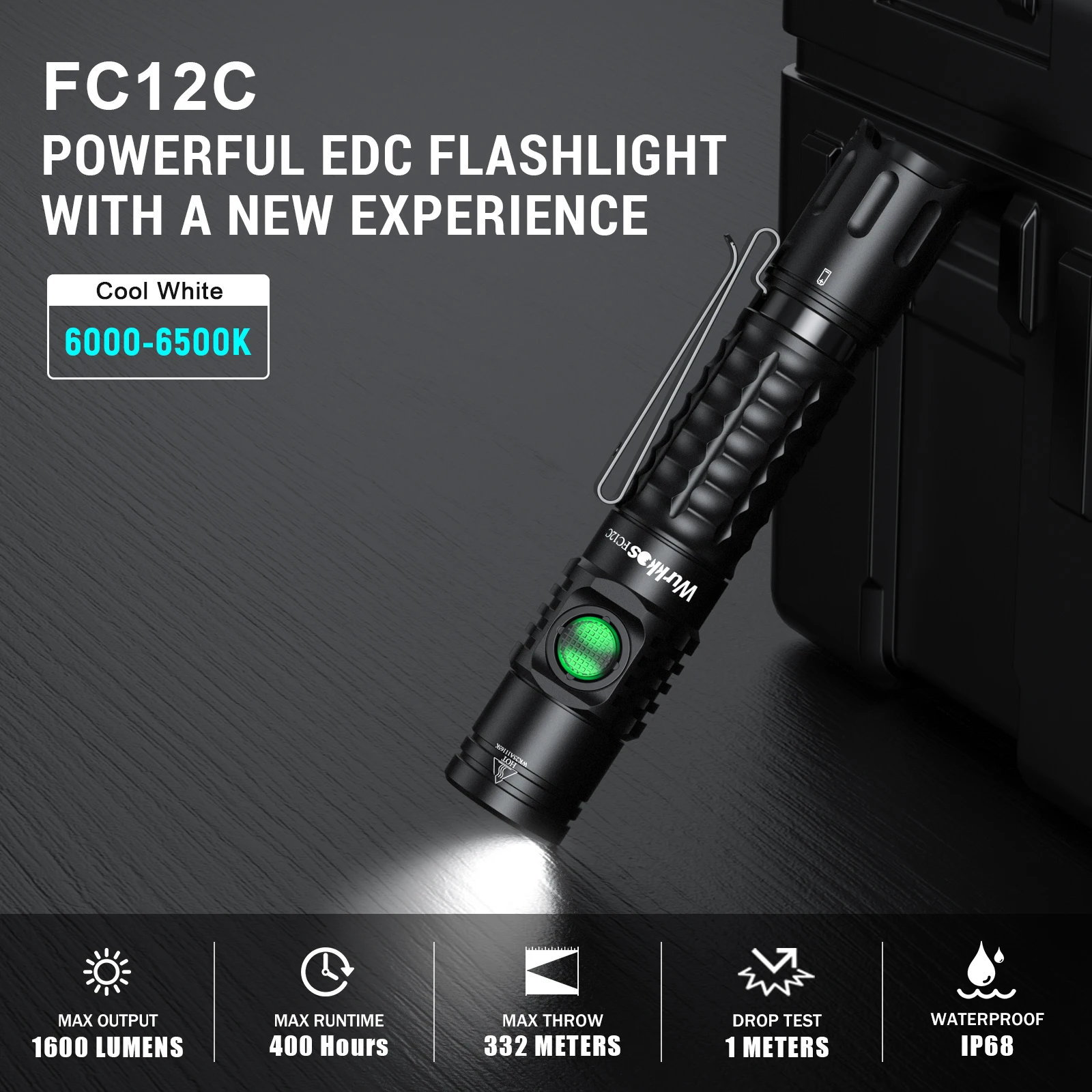 Wurkkos FC12C Compact Tactical Flashlight 1600LM IP68 Rechargeable Torch with 18650 Battery & Tail Press for Camping Rescue Uses